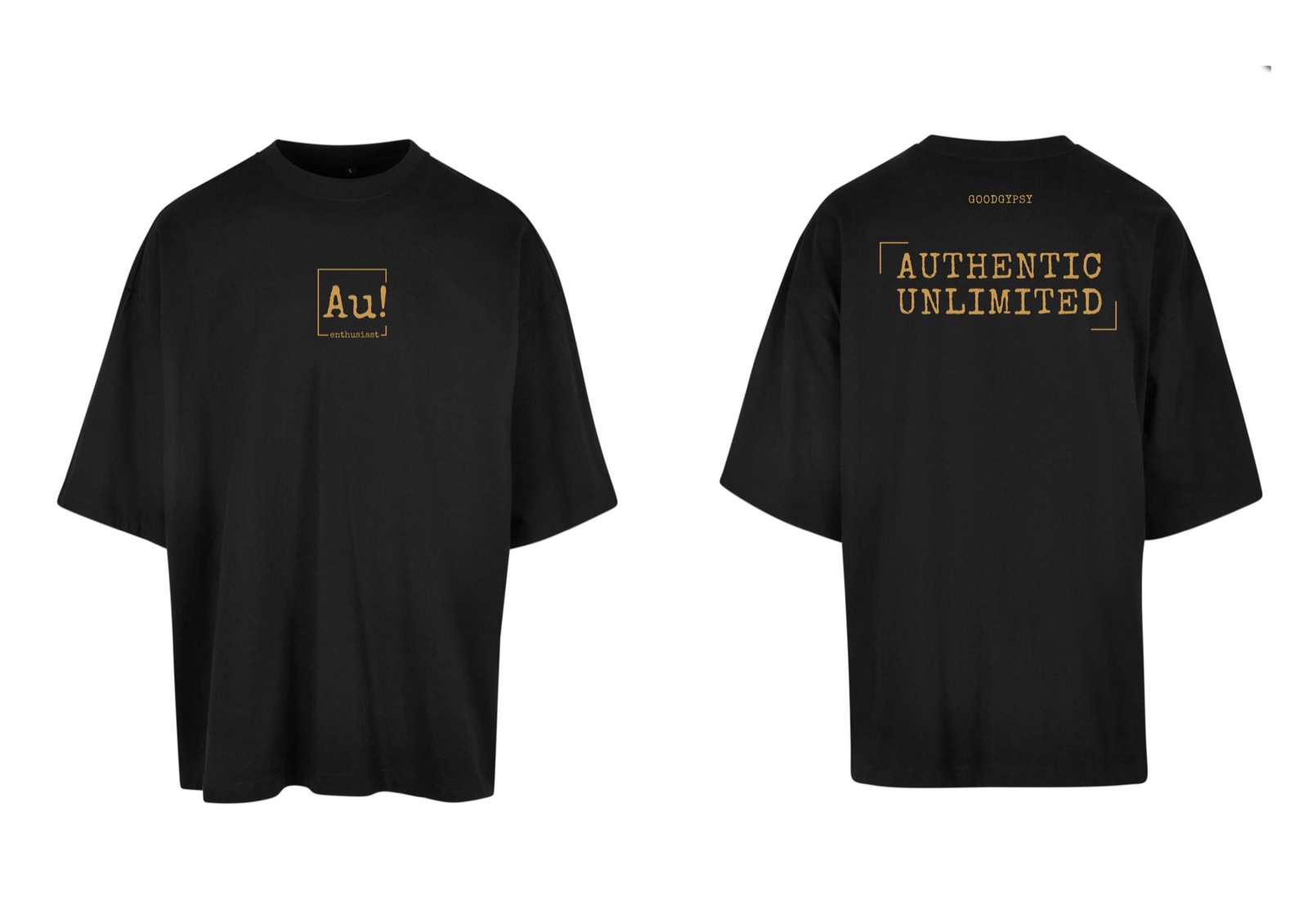 Koszulka Auu czarna — przód z napisem „Au! enthusiast” i tył z napisem „AUTHENTIC UNLIMITED” i „GOODGYPSY”