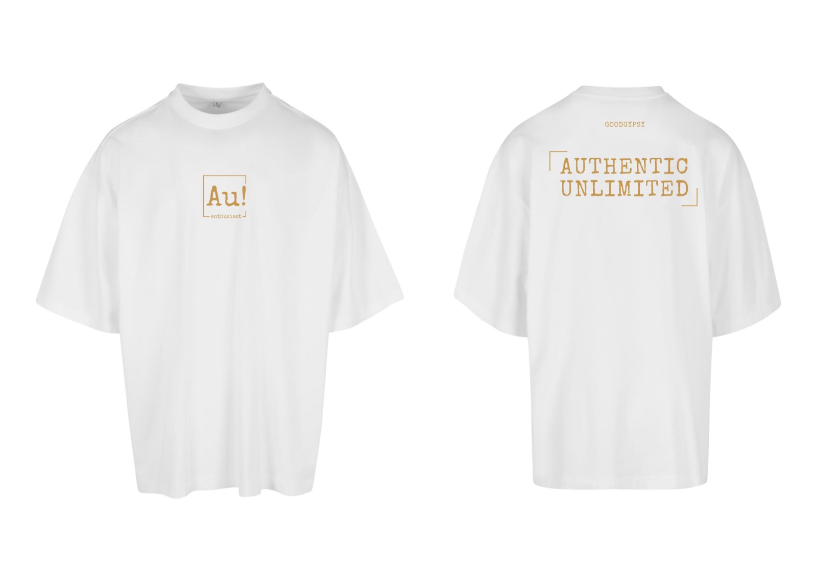 Koszulka Auu biała — przód z napisem „Au! enthusiast” i tył z napisem „AUTHENTIC UNLIMITED” i „GOODGYPSY”